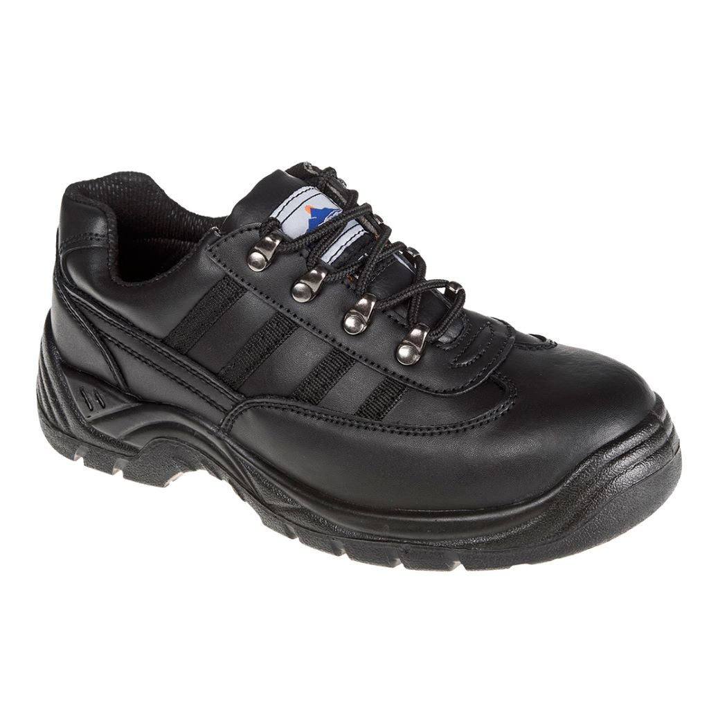 Portwest FW25 Safety Trainer in Black leather against a white background. Black rubber sole and black string laces with 4 silver eyelets.