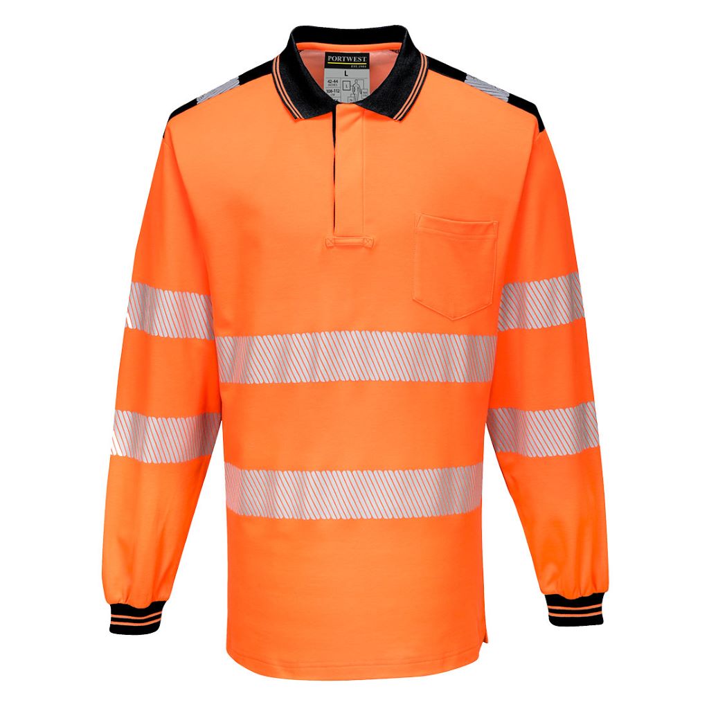 PW3 Hi-Vis Polo Shirt  L/S T184 OrangeBlack
